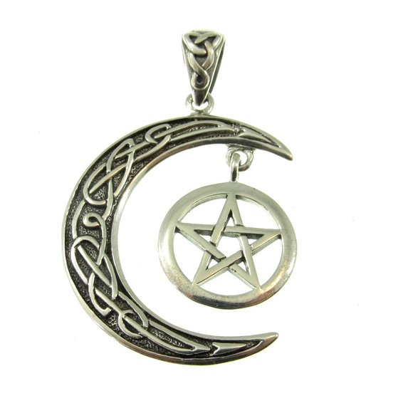 Handcrafted Solid 925 Sterling Silver Pentacle in Celtic Crescent Moon Pendant - Picture 1 of 5